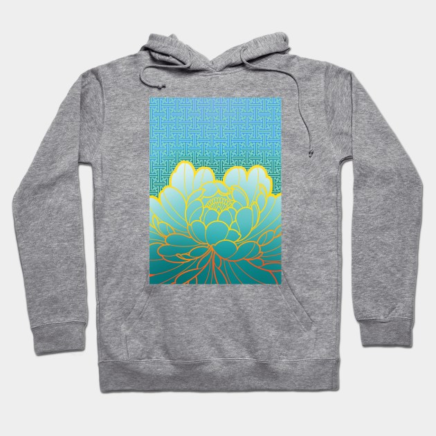 turquoise peony flower and sayagata pattern Hoodie by weilertsen